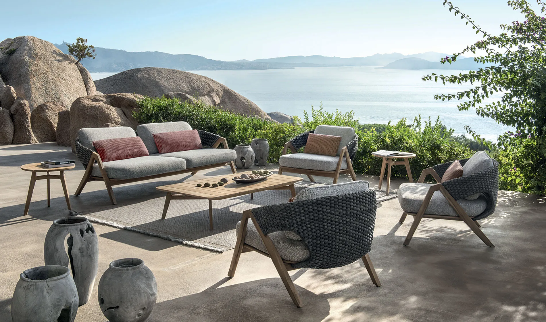 KNIT 3-seater garden sofa in teak and woven rope by Ethimo